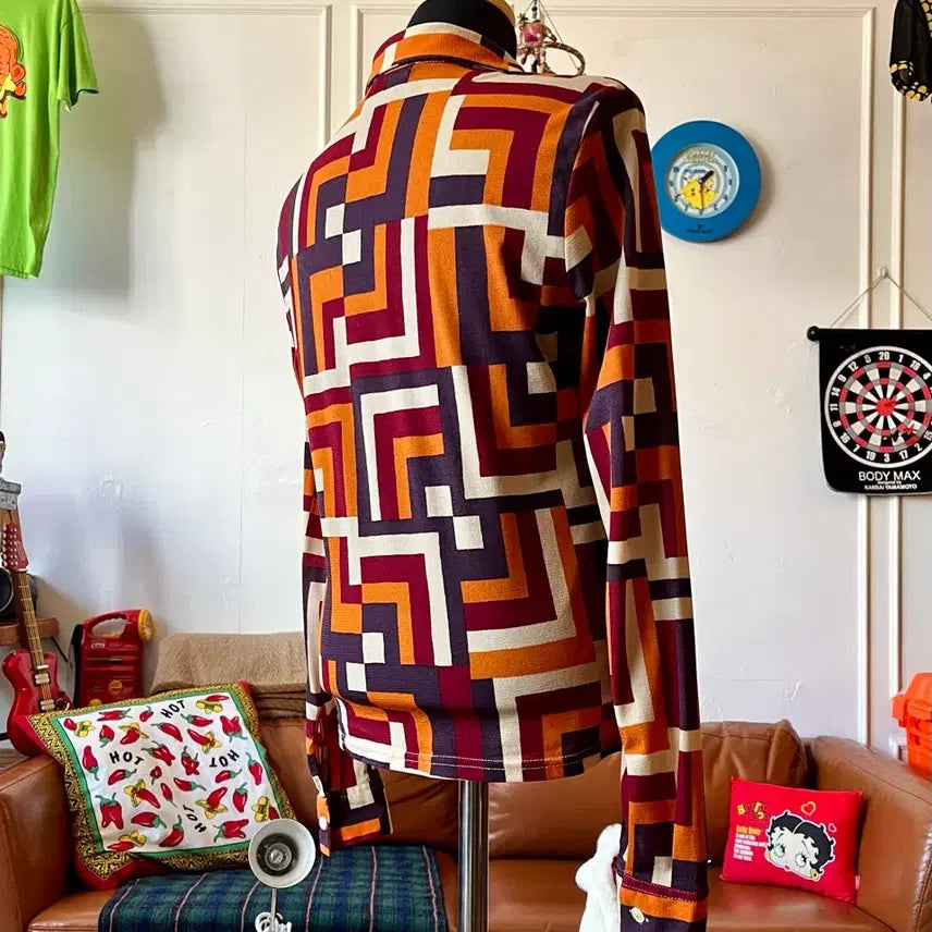 [BUNJANG] SISLEY Italian Vintage Optical Art Pattern Poly Shirt / SISLEY 시슬리 이태리 빈티지 옵티컬 아트 패턴 폴리 셔츠 남방