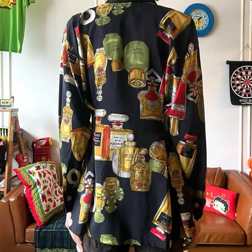 [BUNJANG] Vintage Japanese Perfume Pattern Poly Shirt / 1980s-90s JPN 일본 빈티지 엔틱 퍼퓸 그래픽 패턴 폴리 셔츠