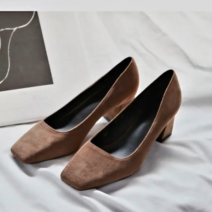 [BUNJANG] Suede Square Toe Mid-Heel Pumps - 6cm Heel / 