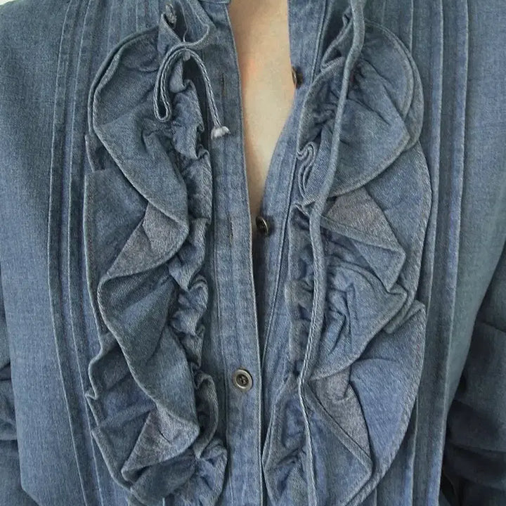 [BUNJANG] Aeongss Denim Frill Blouse / (새상품) 에옹쓰 denim frill blouse 데님 블라우스