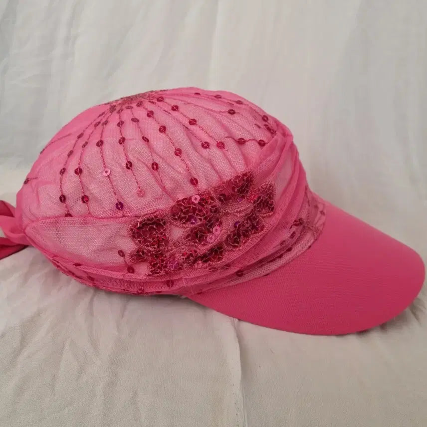 [BUNJANG] Pink Chiffon Sequin Embellished Hat / 쉬폰 핑크 스팽글 장식 모자