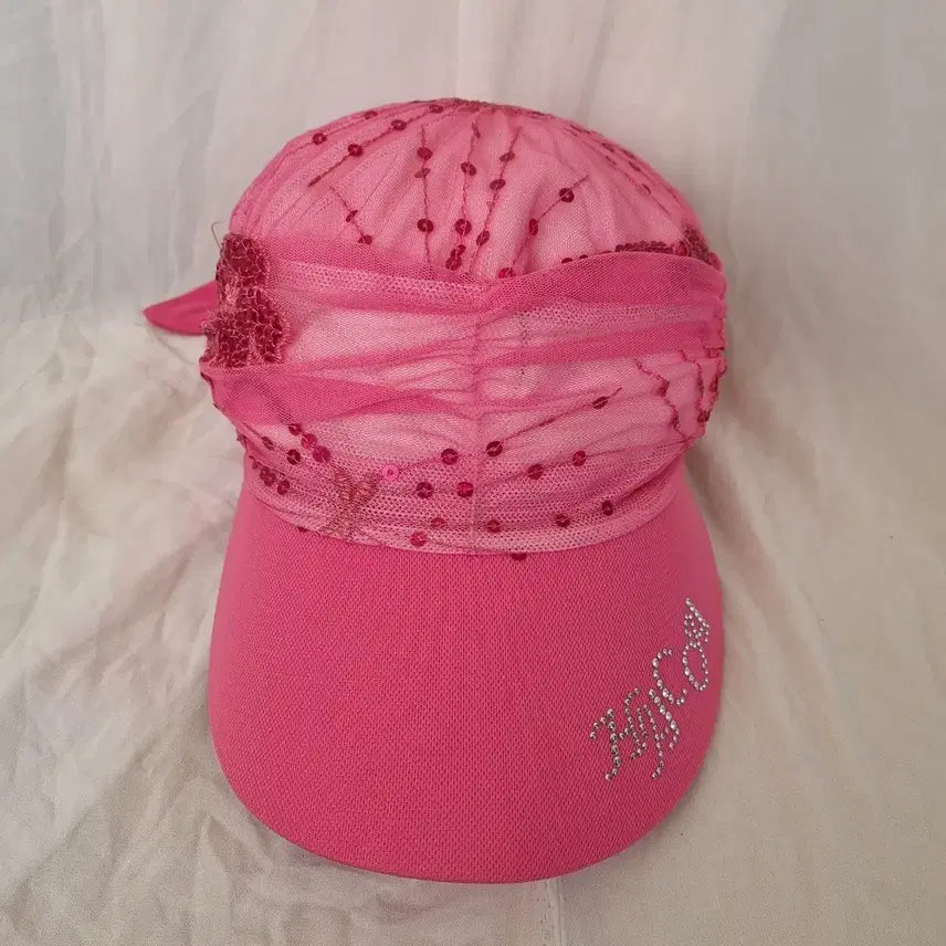 [BUNJANG] Pink Chiffon Sequin Embellished Hat / 쉬폰 핑크 스팽글 장식 모자