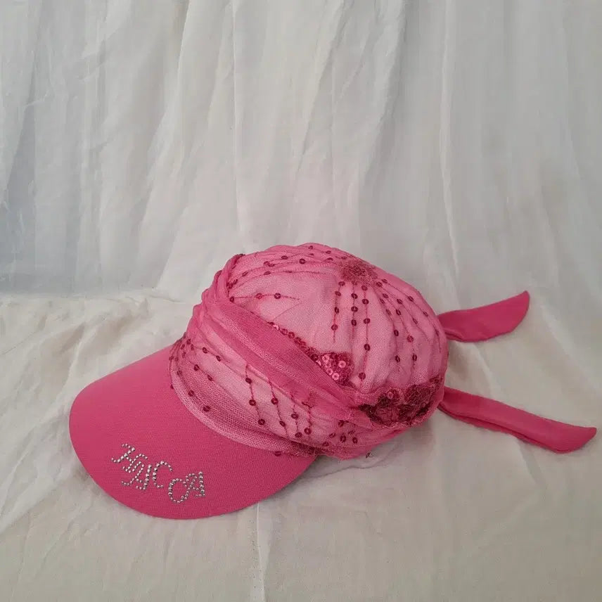 [BUNJANG] Pink Chiffon Sequin Embellished Hat / 쉬폰 핑크 스팽글 장식 모자