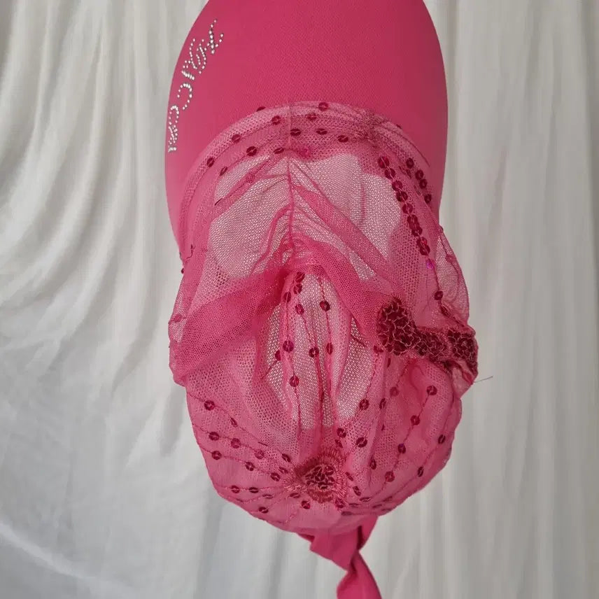 [BUNJANG] Pink Chiffon Sequin Embellished Hat / 쉬폰 핑크 스팽글 장식 모자