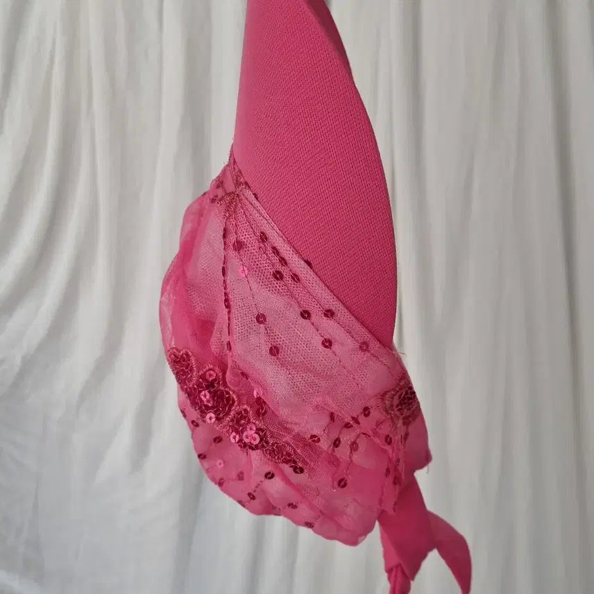 [BUNJANG] Pink Chiffon Sequin Embellished Hat / 쉬폰 핑크 스팽글 장식 모자