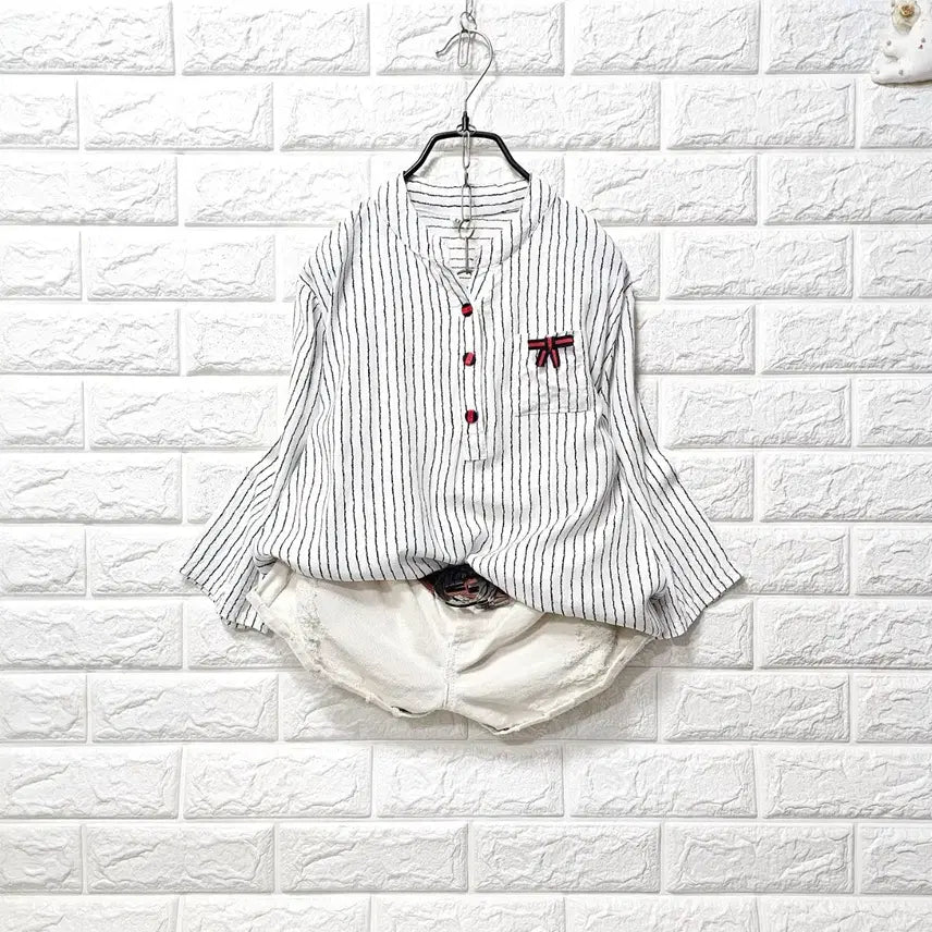 [BUNJANG] Striped Henley Neck T-Shirt / 스트라이프 헨리넥 티셧