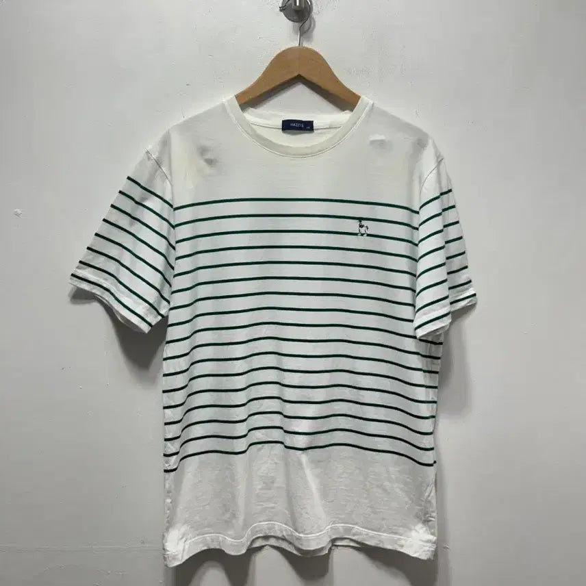 [BUNJANG] Hazzys White/Green Striped Short Sleeve T-shirt / 헤지스 흰색/녹색 스트라이프 반팔 티셔츠 110