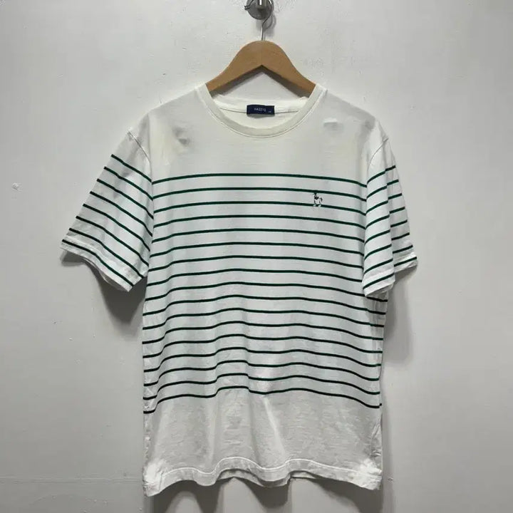 [BUNJANG] Hazzys White/Green Striped Short Sleeve T-shirt / 헤지스 흰색/녹색 스트라이프 반팔 티셔츠 110