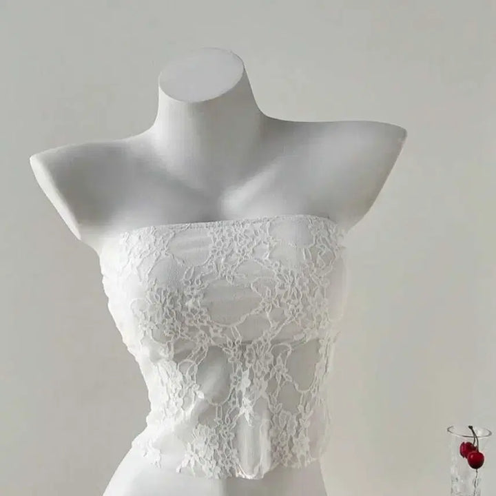 [BUNJANG] White See-Through Flower Lace Top Camisole Bra Top / [새상품] 화이트 시스루 플라워 레이스 탑 나시 브라탑