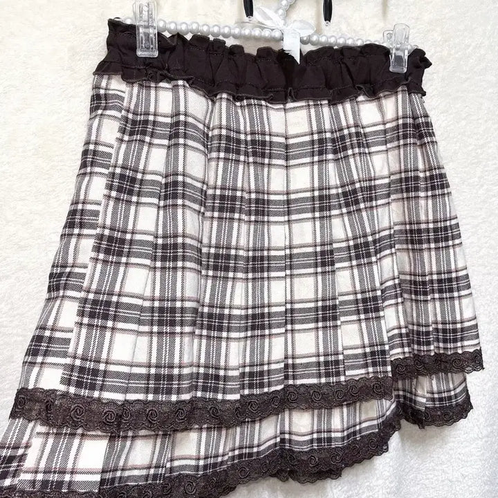 [BUNJANG] Axis Farm Latte Girl Choco Romantic Shushurun Brown Lace Check Skirt / 엑시즈팜 라떼갸루 초코 로맨틱 슈슈룬 브라운 레이스 체크스커트 핀터