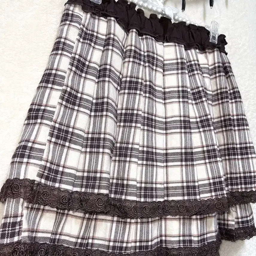 [BUNJANG] Axis Farm Latte Girl Choco Romantic Shushurun Brown Lace Check Skirt / 엑시즈팜 라떼갸루 초코 로맨틱 슈슈룬 브라운 레이스 체크스커트 핀터