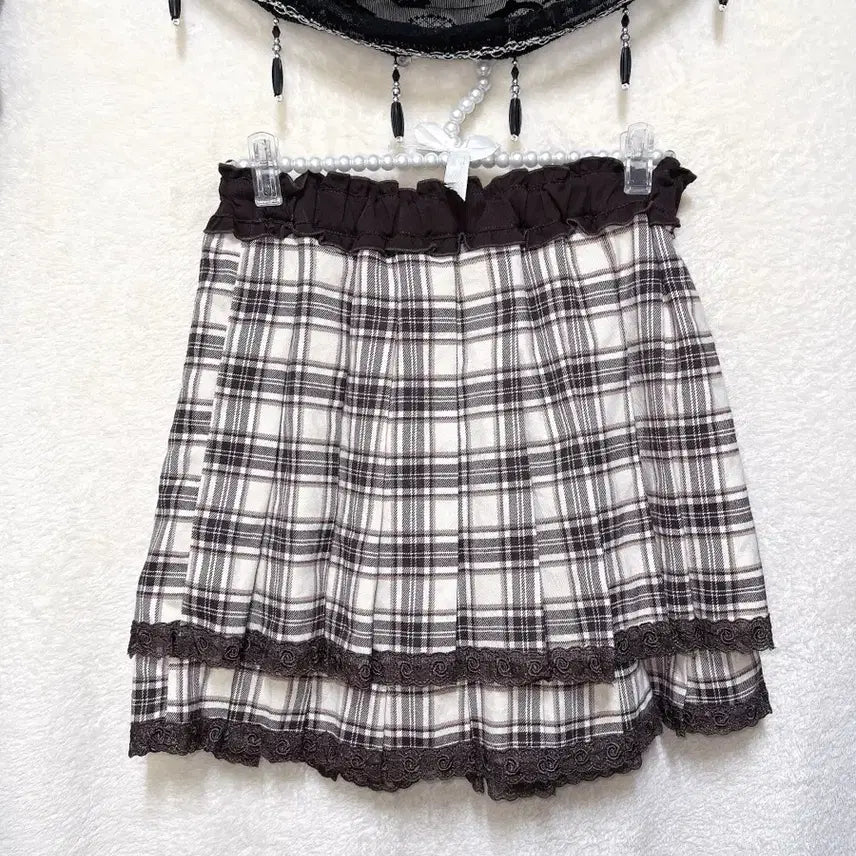 [BUNJANG] Axis Farm Latte Girl Choco Romantic Shushurun Brown Lace Check Skirt / 엑시즈팜 라떼갸루 초코 로맨틱 슈슈룬 브라운 레이스 체크스커트 핀터