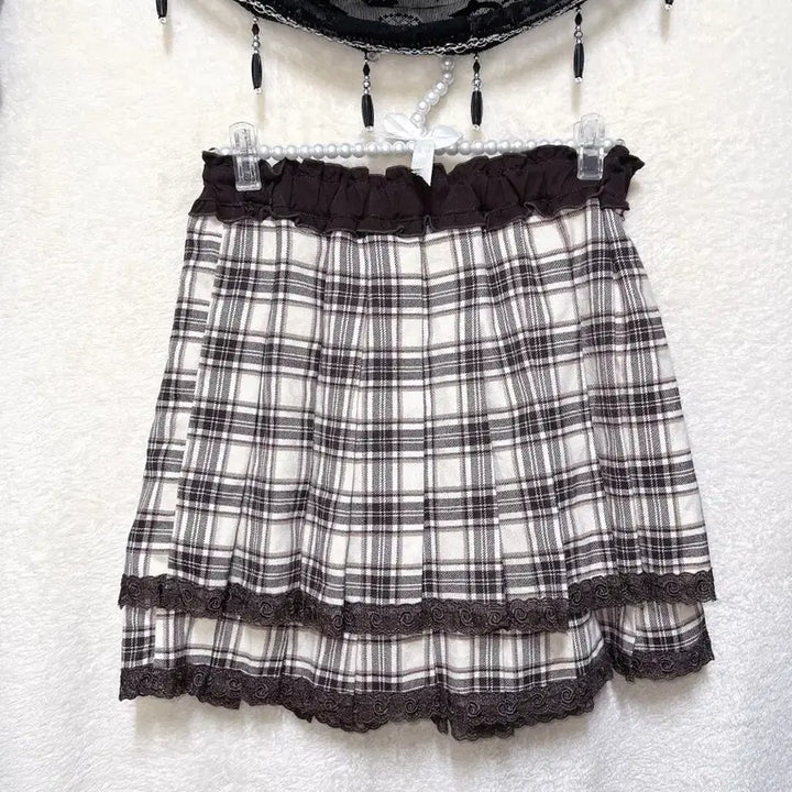 [BUNJANG] Axis Farm Latte Girl Choco Romantic Shushurun Brown Lace Check Skirt / 엑시즈팜 라떼갸루 초코 로맨틱 슈슈룬 브라운 레이스 체크스커트 핀터