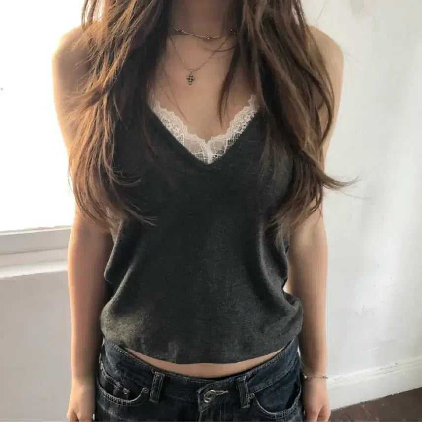 [BUNJANG] Sleeveless Lace Slipover Charcoal Top / 새상품) 슬립오버 레이스 슬리브리스 차콜 슬립오버 나시