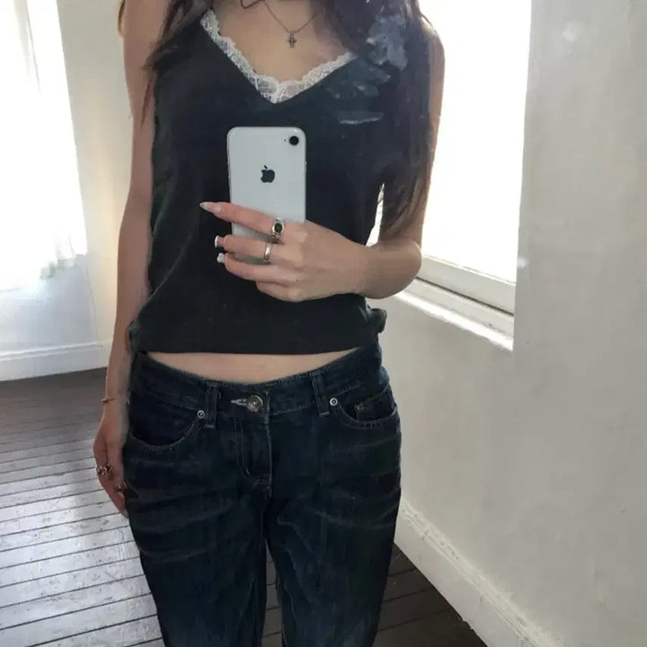 [BUNJANG] Sleeveless Lace Slipover Charcoal Top / 새상품) 슬립오버 레이스 슬리브리스 차콜 슬립오버 나시