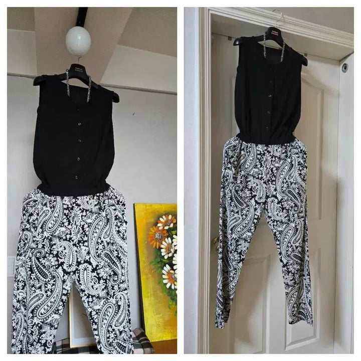 [BUNJANG] Black Paisley Jumpsuit - Free Size / 블랙 민소매 점프수트 페이즐리 패턴 팬츠free