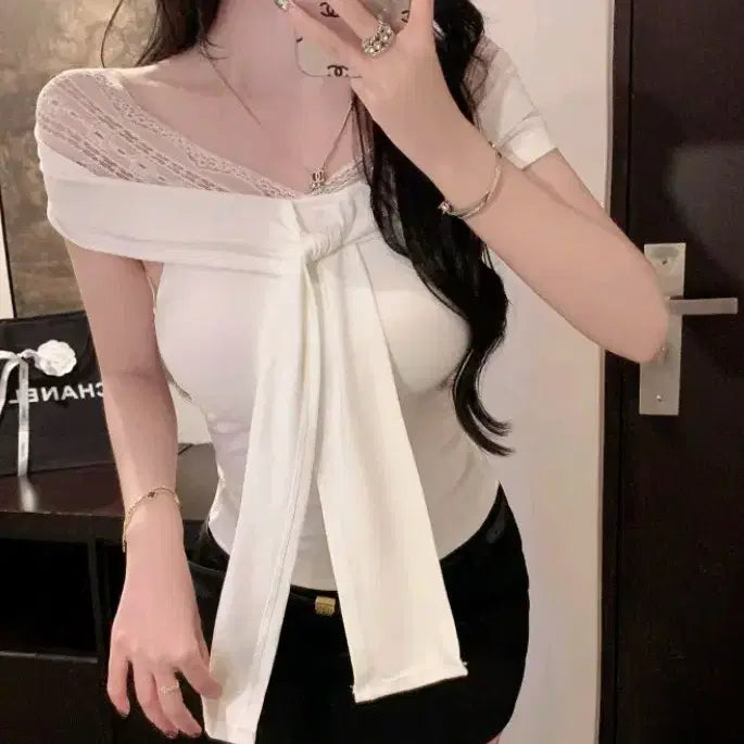 [BUNJANG] White Lace Ribbon Off-Shoulder Top / [새상품/*빠른발송*] 일체형 레이스 리본 오프숄더 티셔츠 화이트
