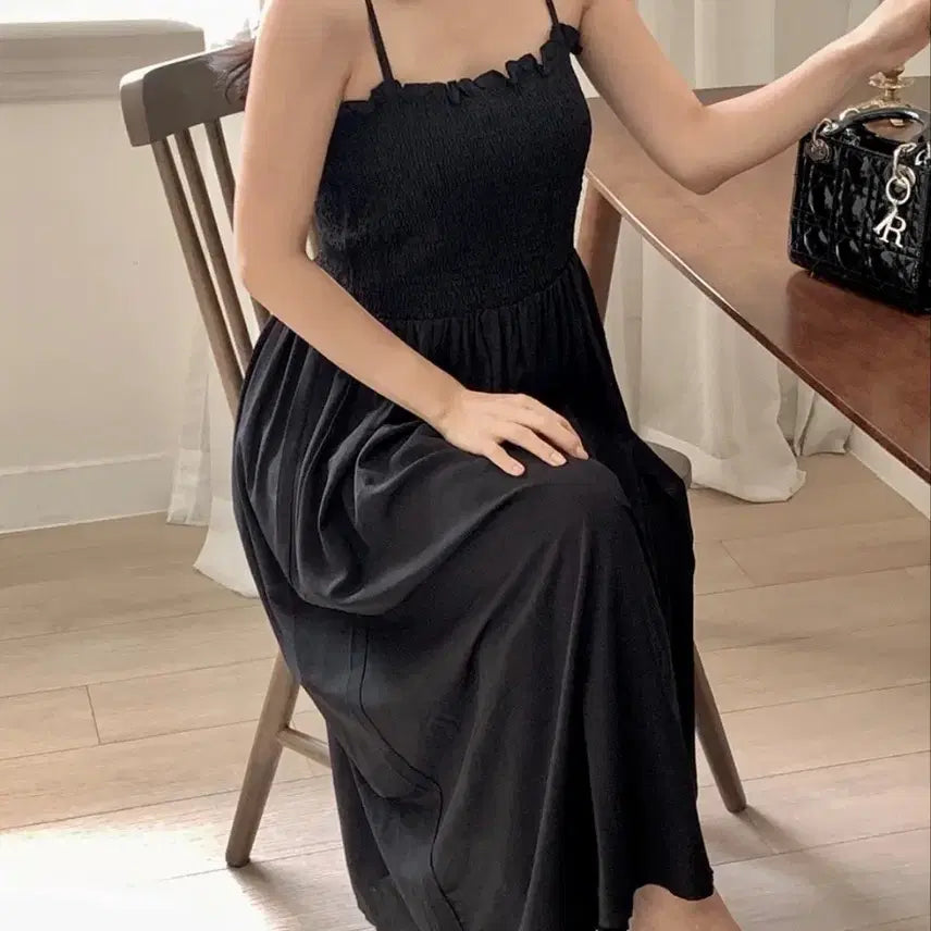 [BUNJANG] Black Shirring Sleeveless Long Dress (Plus Size) / 블랙 셔링 롱 원피스 끈나시 빅사이즈