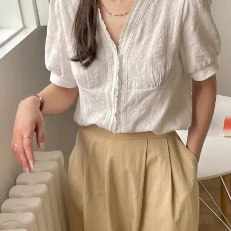 [BUNJANG] Linen Knit Crop Blouse / BL182 린넨뜨개크롭블라우스