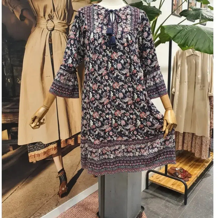 [BUNJANG] Thursday Island Rayon Floral Print 7-Sleeve Mini Dress / 최상급 보더 미니 원피스 7부소매 레이온 S 써스데이아일랜드