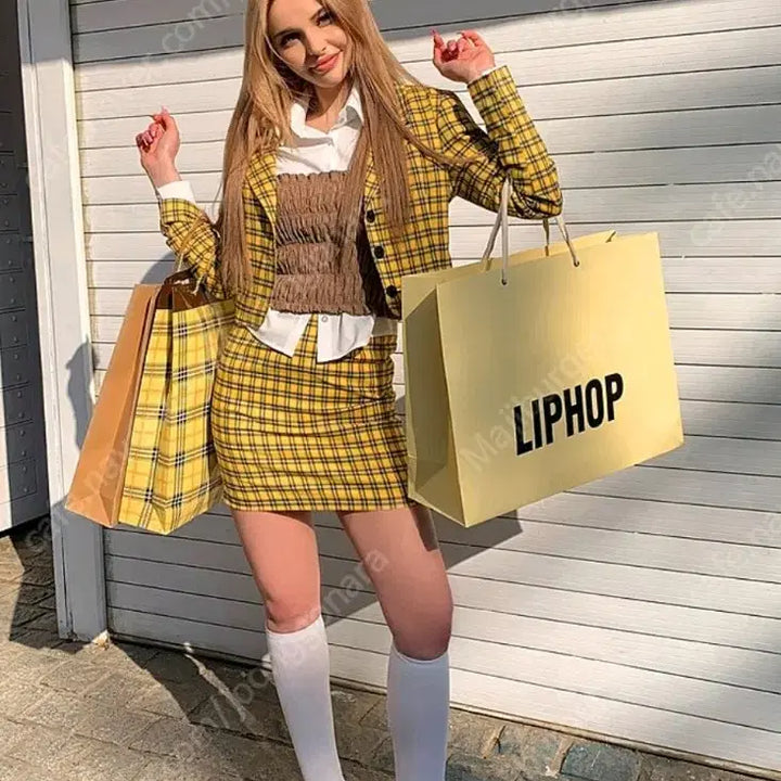 [BUNJANG] Liphop Blair Checkered Two-Piece Set / 립합 블레어 체크 스커트 투피스 세트 + 밴딩 뷔스티에