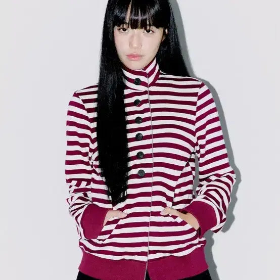 [BUNJANG] Opish Burgundy Stripe Two-Way Zip-Up Jacket / 오피쉬 버건디 스트라이프 투웨이 집업