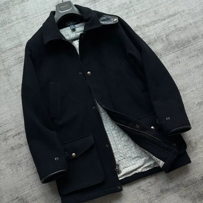 [BUNJANG] Polo Ralph Lauren Classic Leather Trimmed Caban Coat / 폴로 랄프로렌 클래식 가죽카라 카반코트 손목 레더트리밍 버전