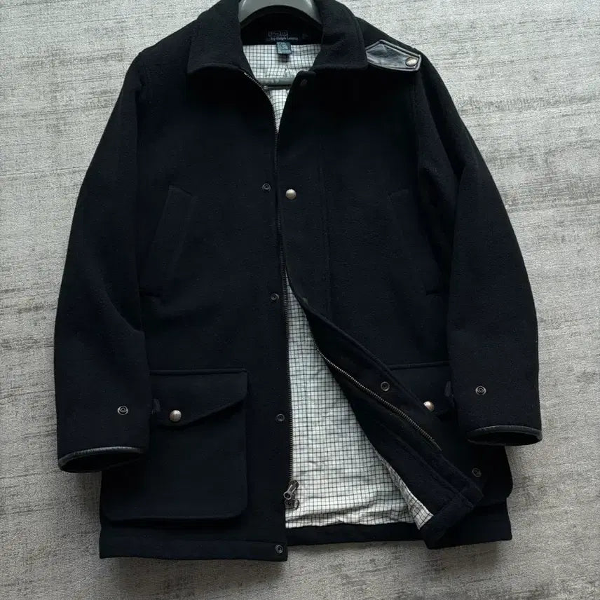 [BUNJANG] Polo Ralph Lauren Classic Leather Trimmed Caban Coat / 폴로 랄프로렌 클래식 가죽카라 카반코트 손목 레더트리밍 버전