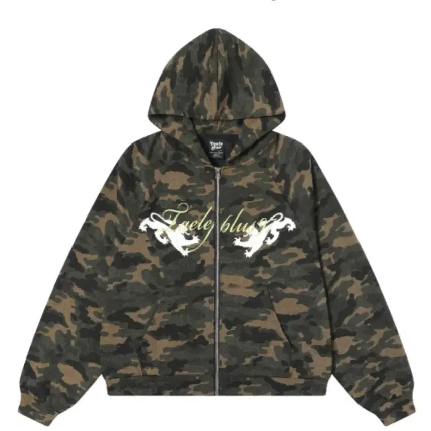 [BUNJANG] Khaki Camo Pattern Cropped Hoodie Zip-Up / 카키 후드집업