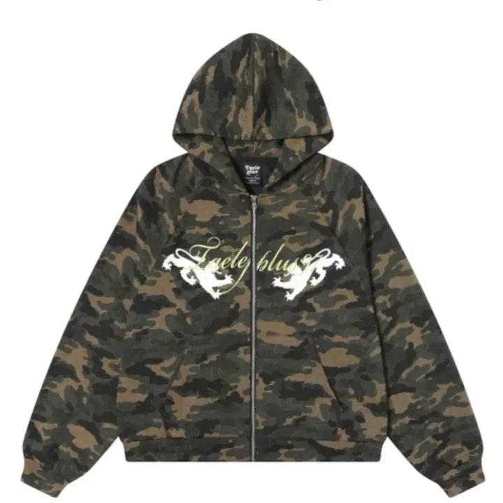 [BUNJANG] Khaki Camo Pattern Cropped Hoodie Zip-Up / 카키 후드집업
