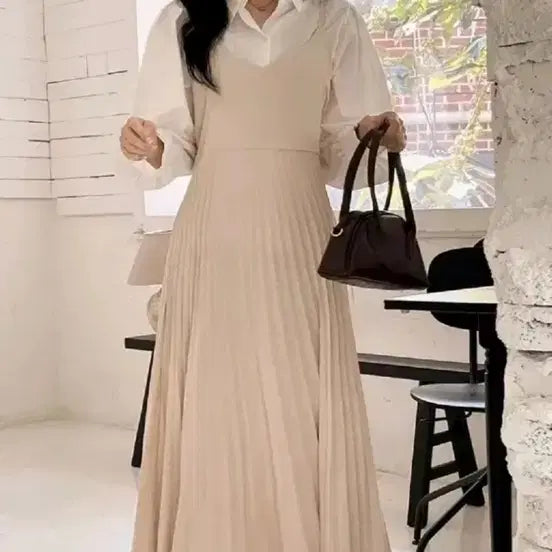 [BUNJANG] Ivory Pleated Long Dress / 아이보리 플리츠 롱 원피스