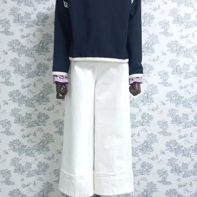 [BUNJANG] Navy Lace-Accent No-Button Jacket / 레이스 배색 노버튼 자켓