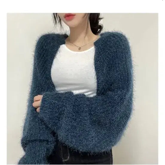 [BUNJANG] Navy Angora Bolero Cardigan / 1번 착용 네이비 앙고라 볼레로 가디건