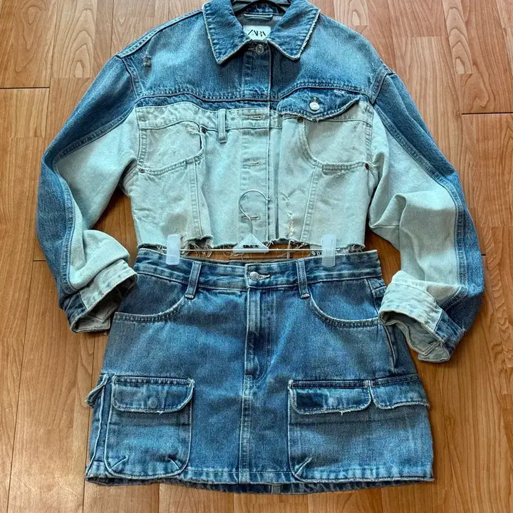 [BUNJANG] ZARA Denim Crop Jacket and Mini Skirt Set / 자라 ZARA 크롭 청자켓 미니스커트 청치마 데님 셋업 세트 S