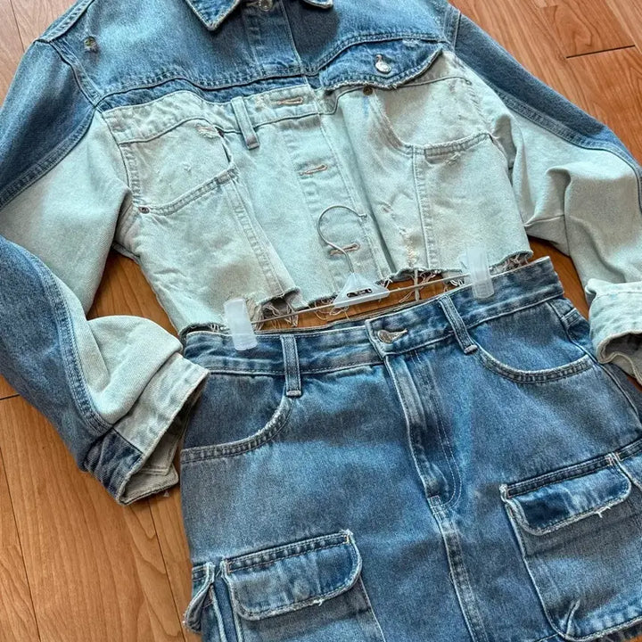 [BUNJANG] ZARA Denim Crop Jacket and Mini Skirt Set / 자라 ZARA 크롭 청자켓 미니스커트 청치마 데님 셋업 세트 S