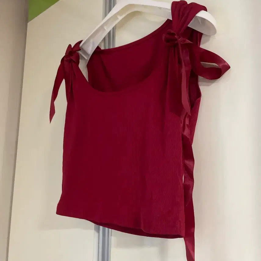 [BUNJANG] Red Ribbed Sleeveless Crop Top XS / 리본 매듭 레드 골지 민소매 티 크롭 나시티 xs
