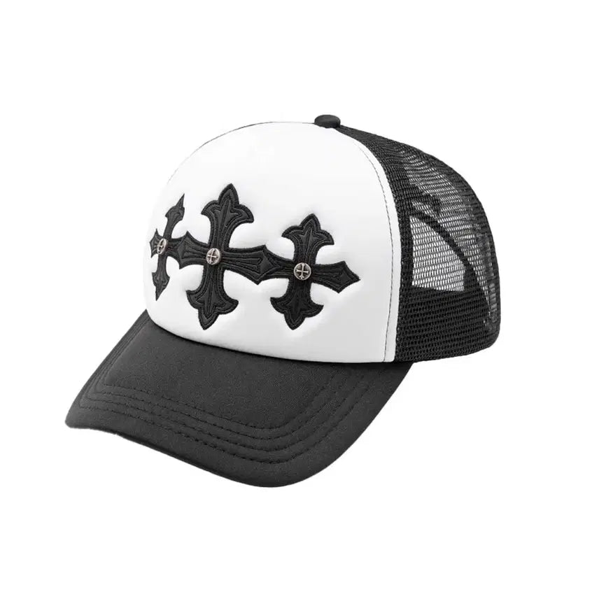 [BUNJANG] Supplier Leather Patch Mesh Snapback Hat / Supplier 서플라이어 십자가 레더 패치 메쉬 스냅백 모자