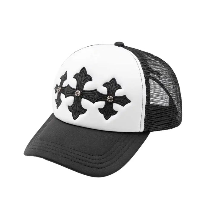 [BUNJANG] Supplier Leather Patch Mesh Snapback Hat / Supplier 서플라이어 십자가 레더 패치 메쉬 스냅백 모자