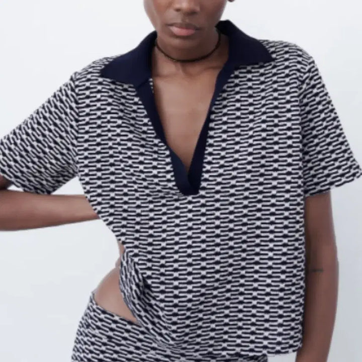 [BUNJANG] ZARA Black &amp; White Patterned Short Sleeve Polo Shirt / 자라 블랙&amp;화이트 반팔 카라티