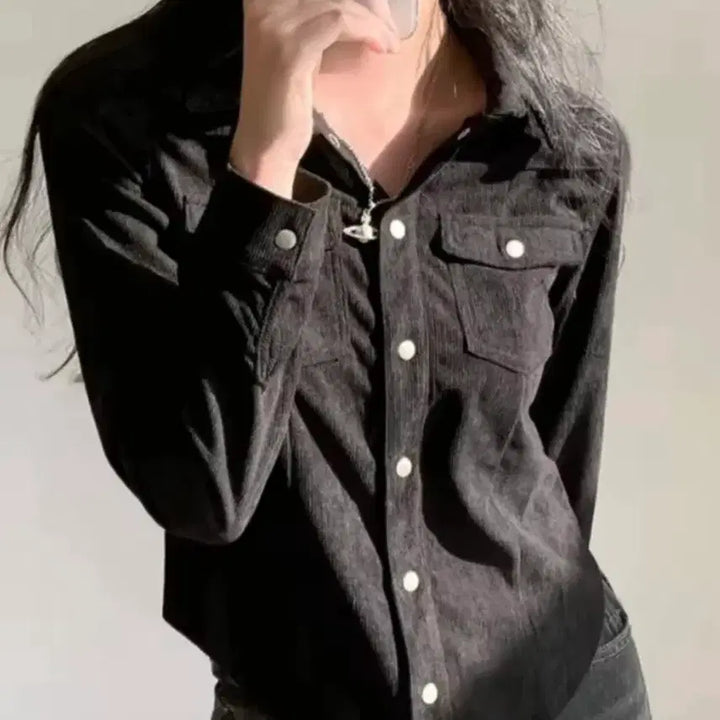 [BUNJANG] A-bly Corduroy Slim Semi Cropped Button Shirt (New) / 에이블리 코듀로이 슬림 세미 크롭 버튼 셔츠 (새상품-시착x)