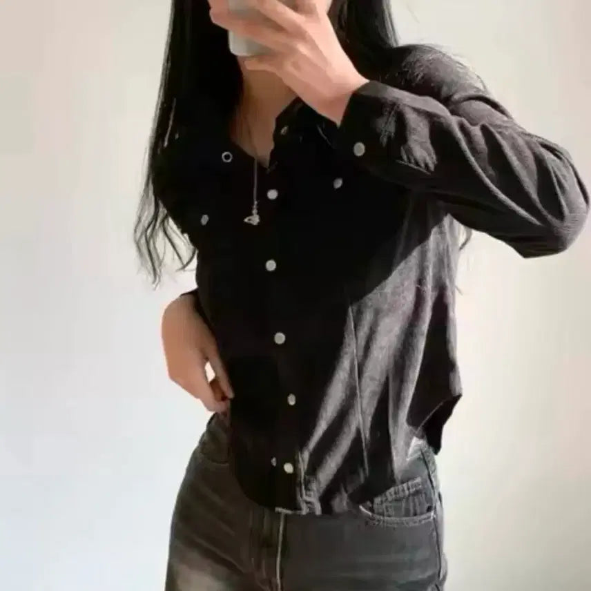 [BUNJANG] A-bly Corduroy Slim Semi Cropped Button Shirt (New) / 에이블리 코듀로이 슬림 세미 크롭 버튼 셔츠 (새상품-시착x)