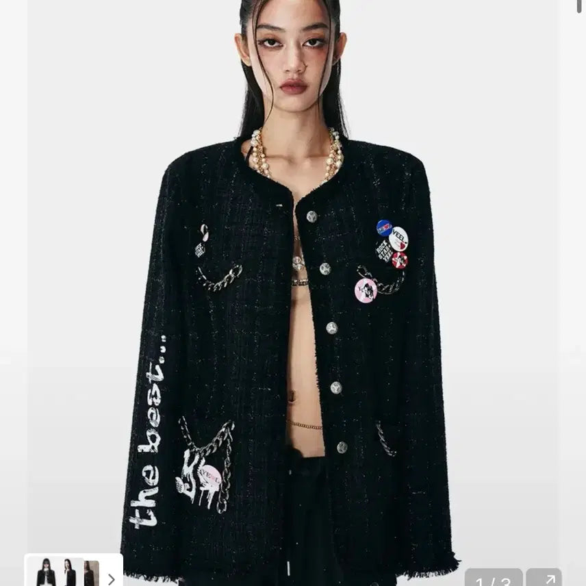 [BUNJANG] Yiel Painted Tweed Jacket With Chain Detail - Black / 와이이이엘 PAINTED TWEED JACKET black