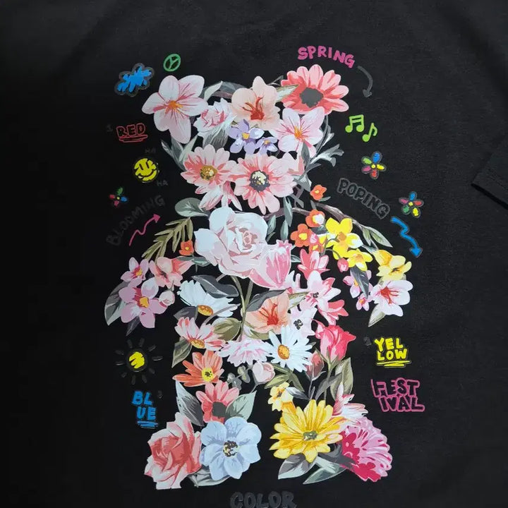 [BUNJANG] Black Floral Print T-Shirt / 플라워 프린팅 검정 반팔 티셔츠(새상품