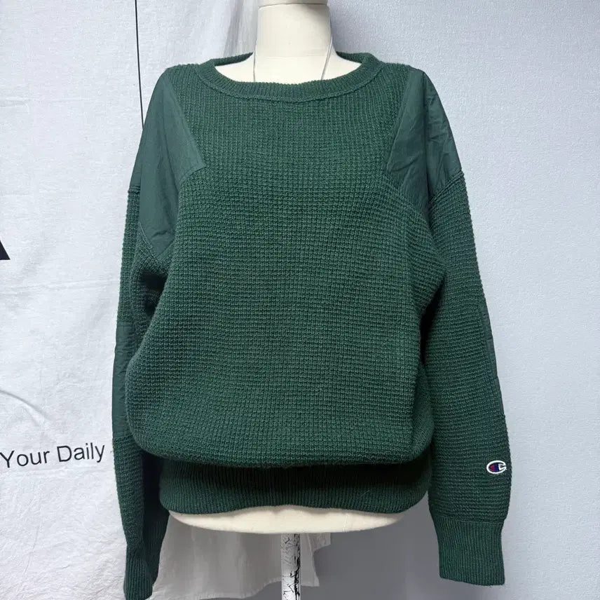 [BUNJANG] Champion Vintage Waffle Knit Sweater Patch Green M / 챔피온 Champion 스웨터 빈티지 니트 패치 와플 그린 녹색니트