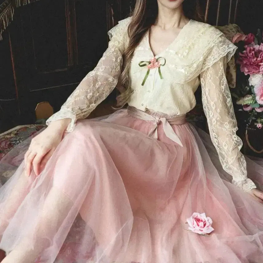 [BUNJANG] Ra뷰아레 Lolita Dress Set / 참견(라뷰아레)블라우스+핑크 튤 스커트 +리본가디건 세트 로리타드레스