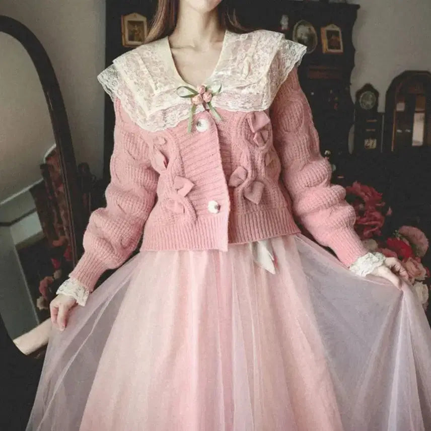 [BUNJANG] Ra뷰아레 Lolita Dress Set / 참견(라뷰아레)블라우스+핑크 튤 스커트 +리본가디건 세트 로리타드레스