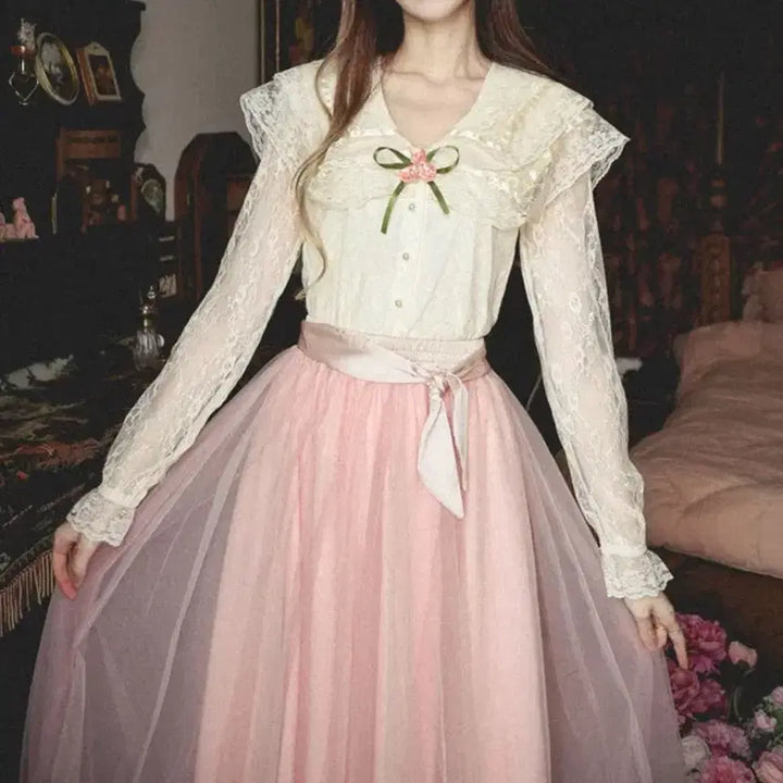 [BUNJANG] Ra뷰아레 Lolita Dress Set / 참견(라뷰아레)블라우스+핑크 튤 스커트 +리본가디건 세트 로리타드레스