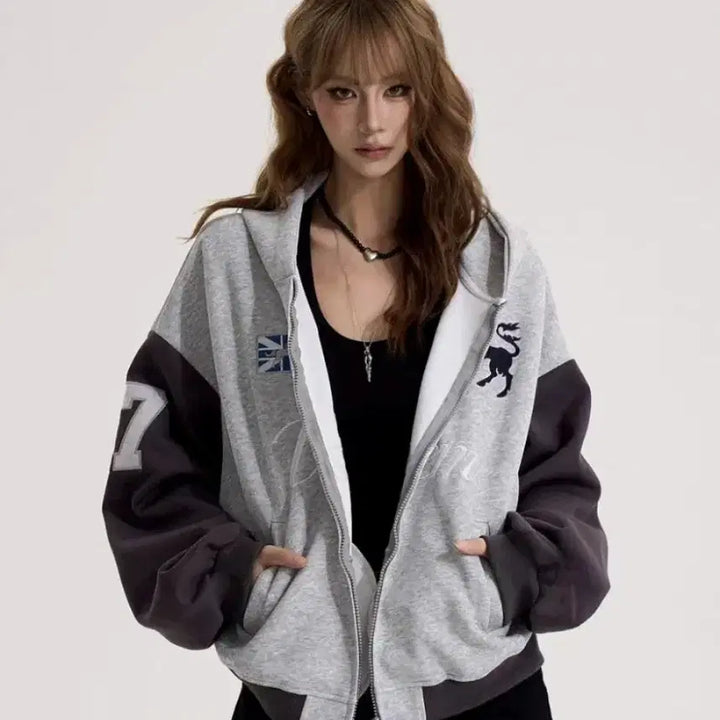 [BUNJANG] Y2K Color Block Hooded Zip-up / 유니크 Y2K 배색 후드집업 y2k 그레이 후드집업 하이틴룩 키치룩