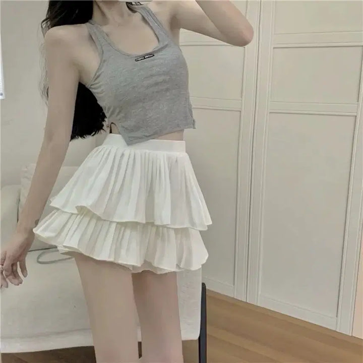 [BUNJANG] Layered Frill Pleated Mini Skirt White / 레이어드 프릴 플리츠 미니스커트 화이트