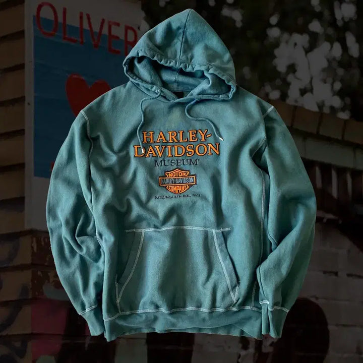 [BUNJANG] Harley Davidson Museum Dark Green Dyed Hoodie / 할리데이비슨 뮤지엄 다잉 다크 그린 후드티